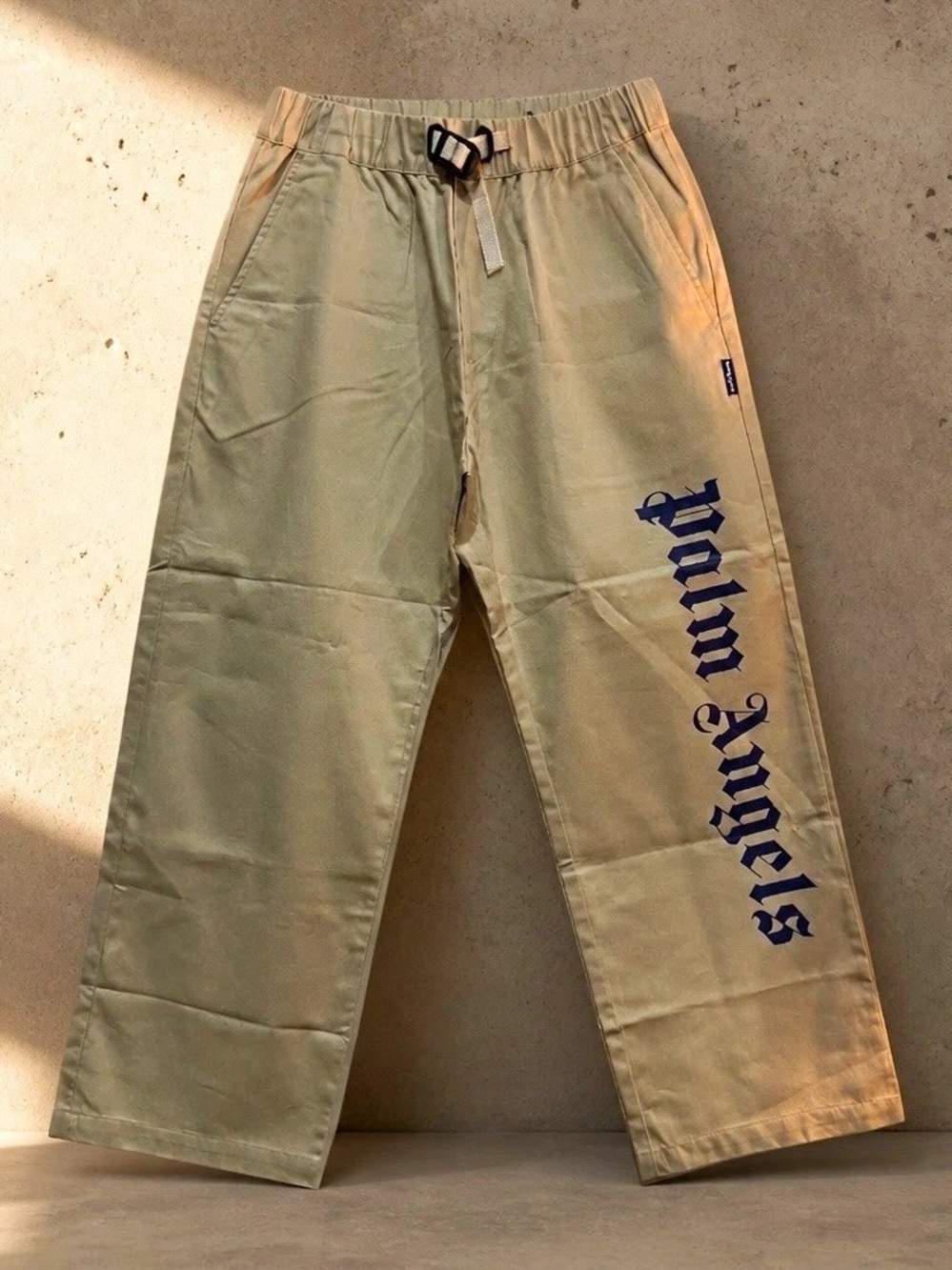 Palm Angels Beige Drill Casual Pants Navy Logo Drawstring Teens Size 12 NWT